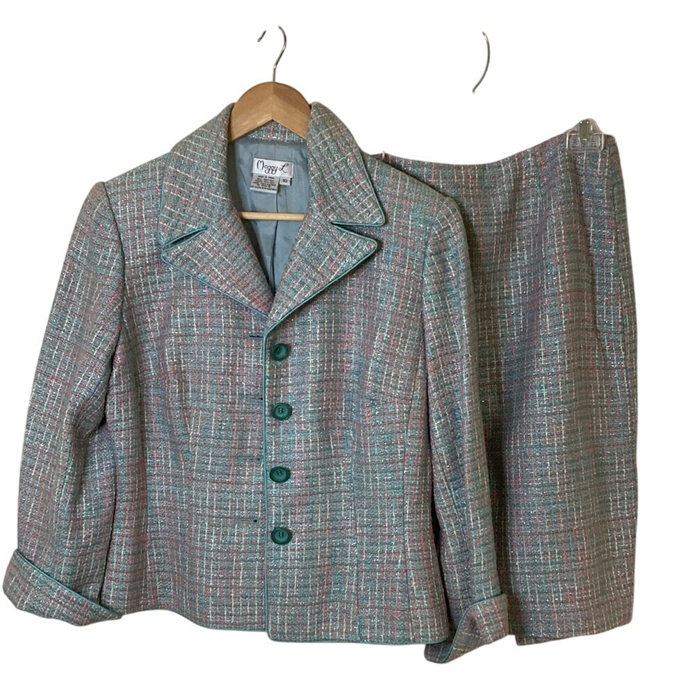 Vintage Maggy L Womens 2 Piece Skirt Suit Size 10 Pastel Boucle Corp Core Office